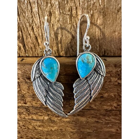Navajo Eagle Wing Turquoise Earrings in Sterling Silver - Handcrafted Native Am - Picture 2 of 11